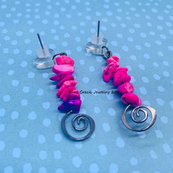 Hand Crafted - Rock Bead Pink Dangle Earrings - Picture 2 of 10